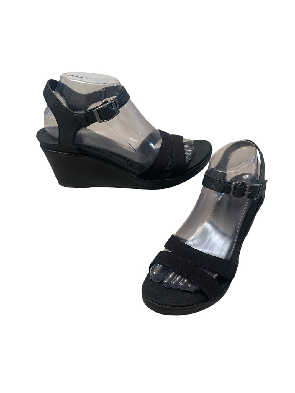 CROCS Leigh Black Canvas and Leather Ankle Strap Wedge Sandals Women's size 9